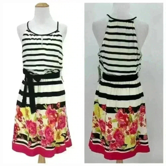 Elle Spring Tie Waist Dress Stripes and Floral Print Size Large - Picture 1 of 6